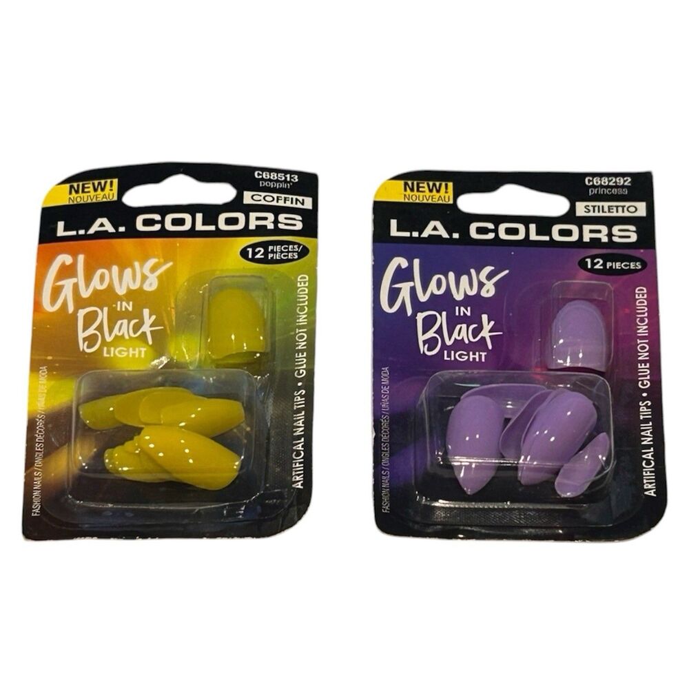 2x L.A. COLORS Glows In Black Light Artificial Nails 12ct Each Glue Not Included